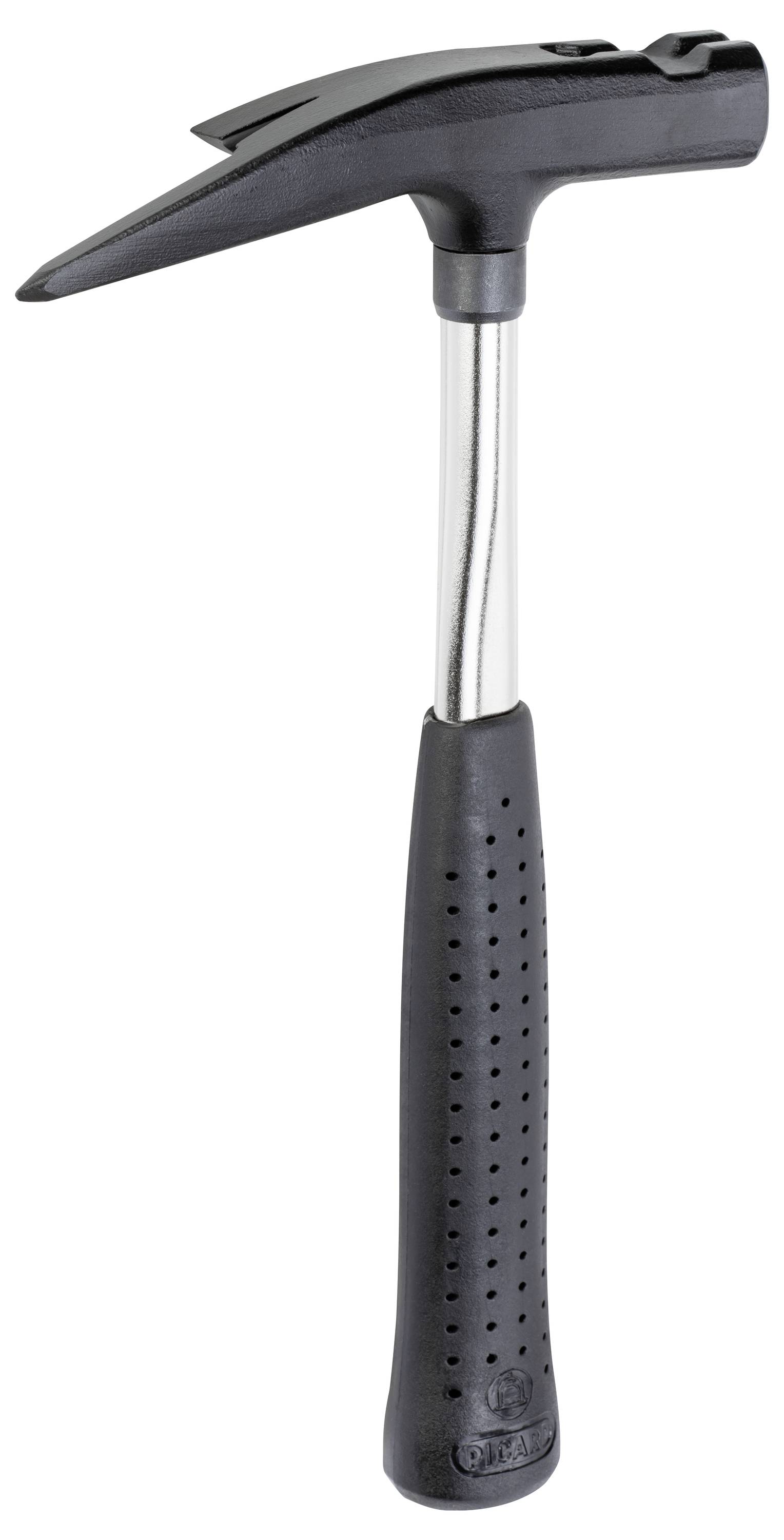 Schwarzer Hammer mit Gummigriff und Metallstiel, geeignet für handwerkliche Arbeiten oder allgemeine Reparaturen.