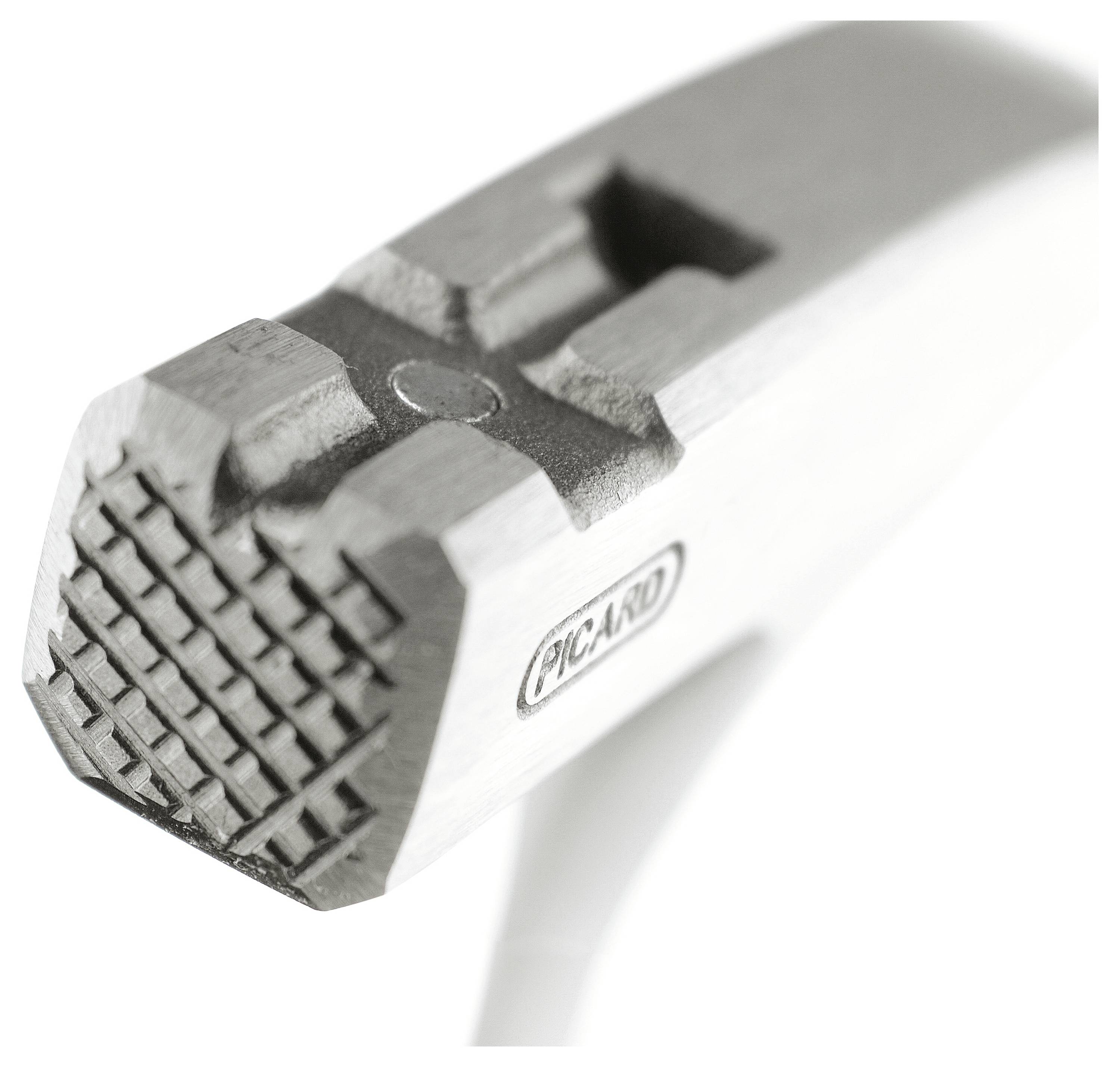 Kopf eines silbernen Hammers mit quadratischer, geriffelter Schlagfläche und der Aufschrift 'Picard'.