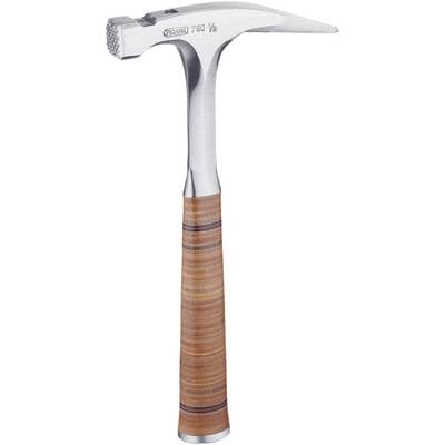 Ein Hammer mit poliertem Metallkopf und einem Griff aus gestapeltem Leder für verbesserte Griffigkeit.