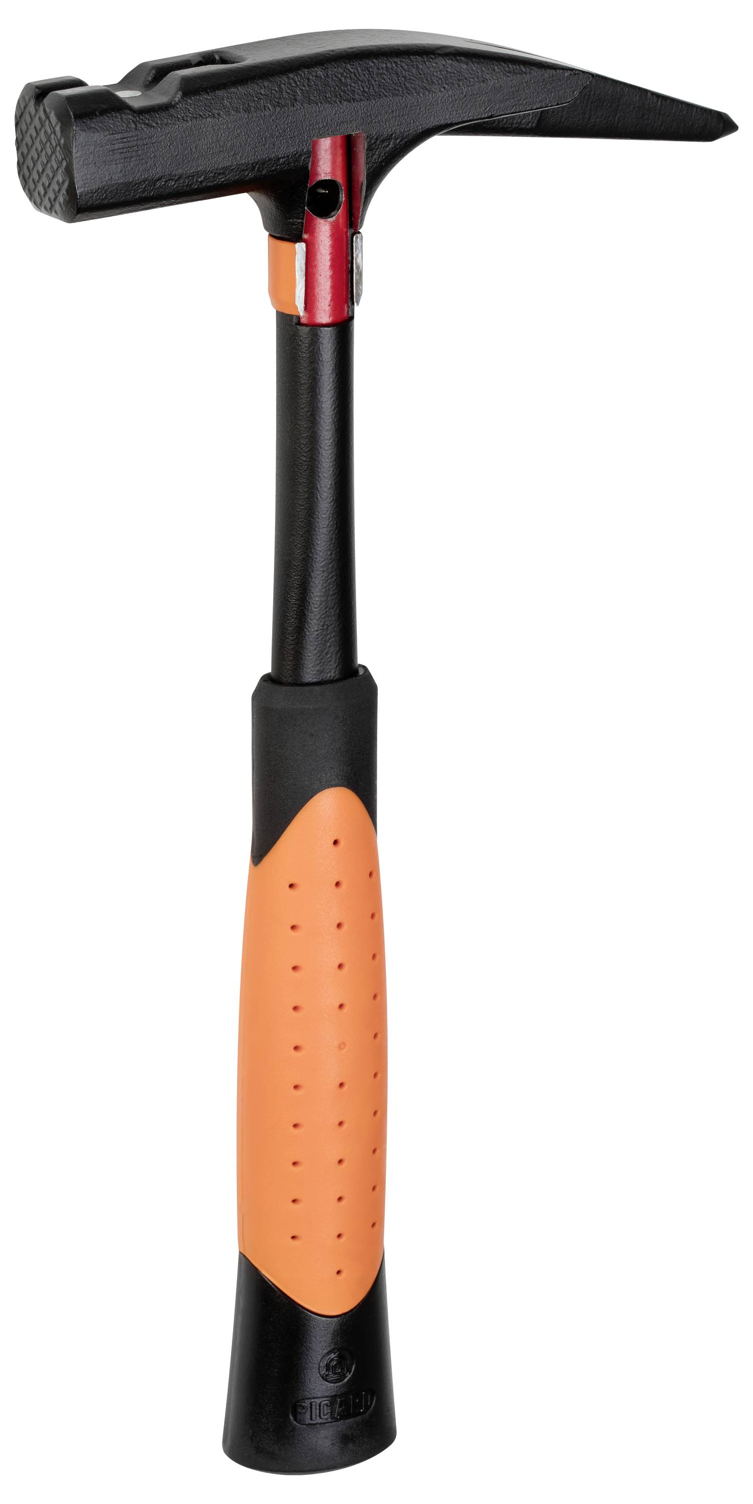 'Ein Hammer mit schwarzem Kopf, rotem Mittelsteg und orangefarbenem Griff.'