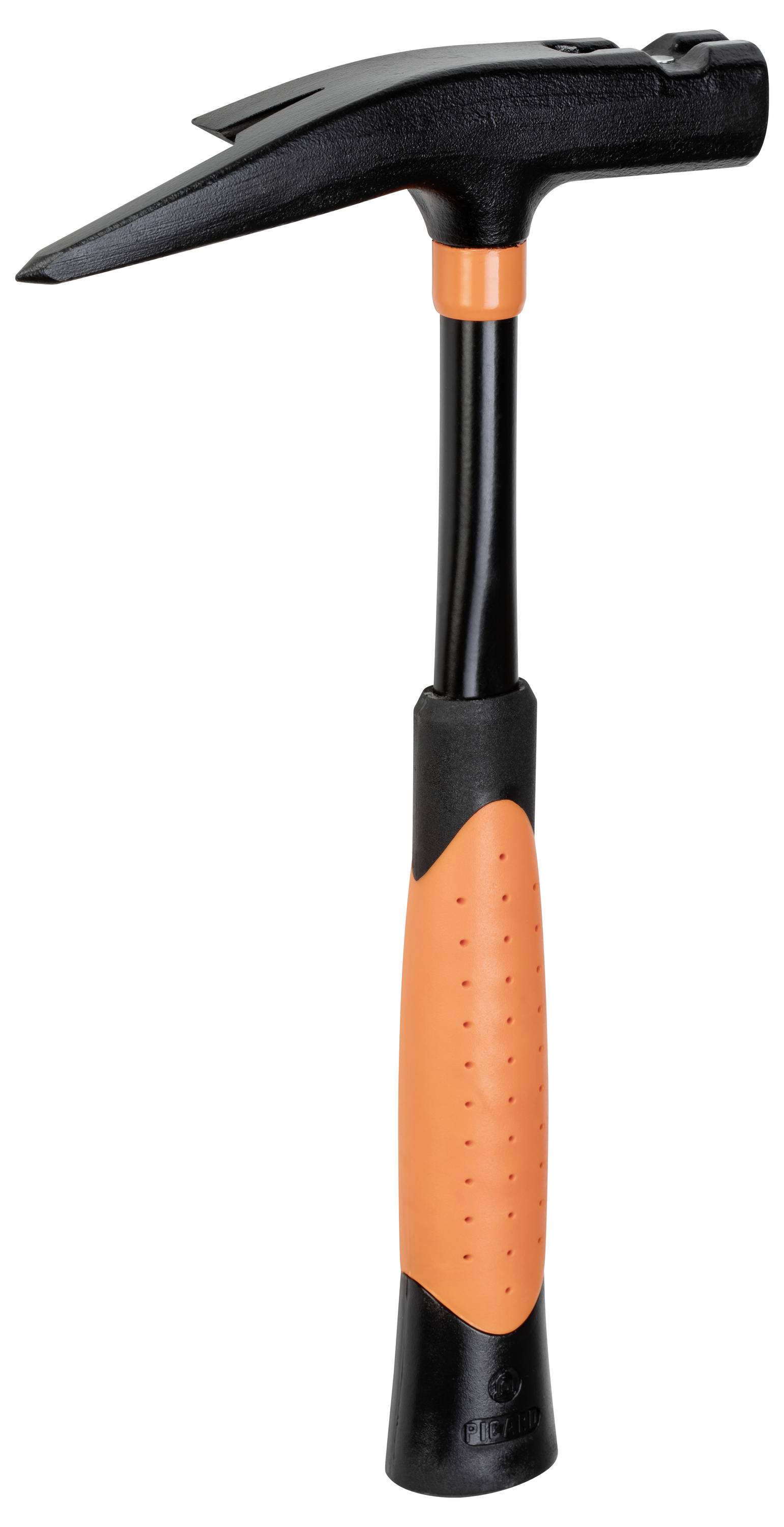 Ein Hammer mit schwarzem Metallkopf und orange-schwarzem Griff, geeignet für Bauarbeiten. Oberflächenstruktur für besseren Halt.