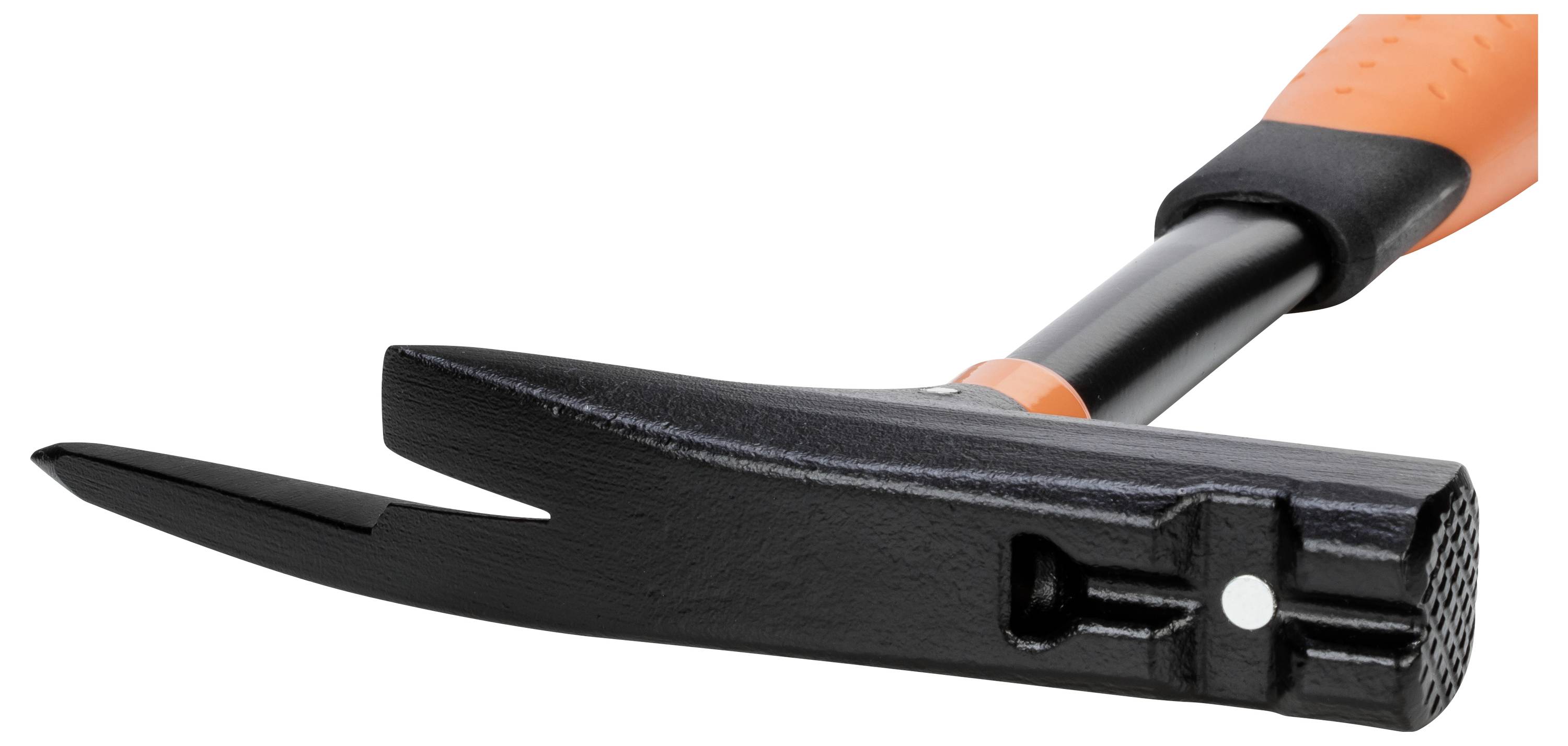 Ein schwarzer, magnetischer Nagelzieher mit orangem Griff, geeignet zum Entfernen von Nägeln aus Holzoberflächen.