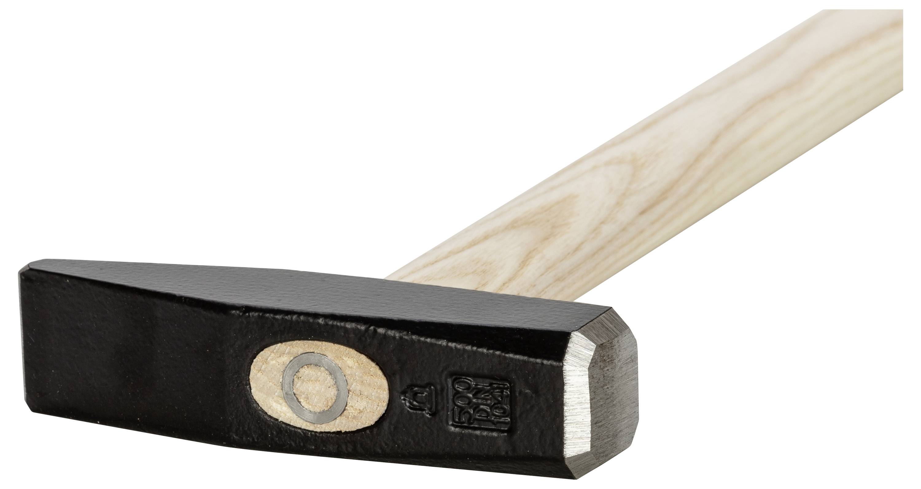 Ein schwarzer Hammer mit einem ovalen Holzgriff liegt schräg. Der Kopf ist aus Metall und rechteckig geformt.