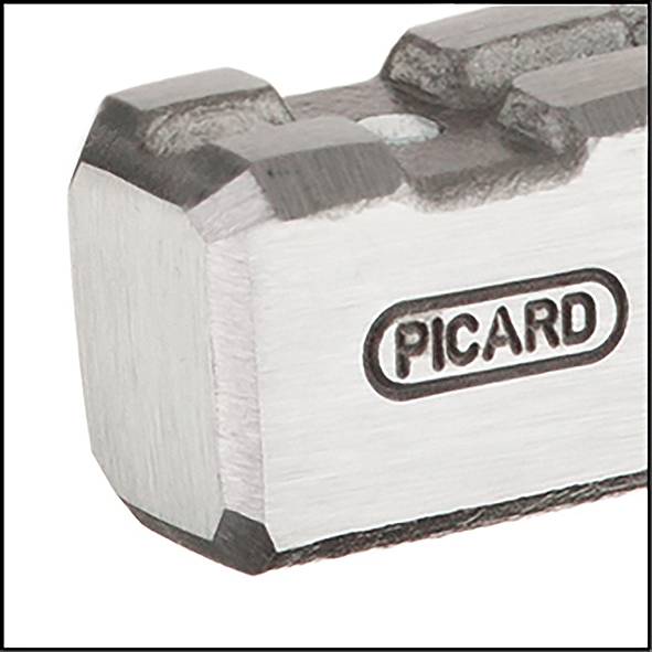 Ein silberner Hammerkopf mit der Aufschrift 'PICARD', zeigt eine robuste handwerkliche Ausführung mit abgeschrägten Kanten.