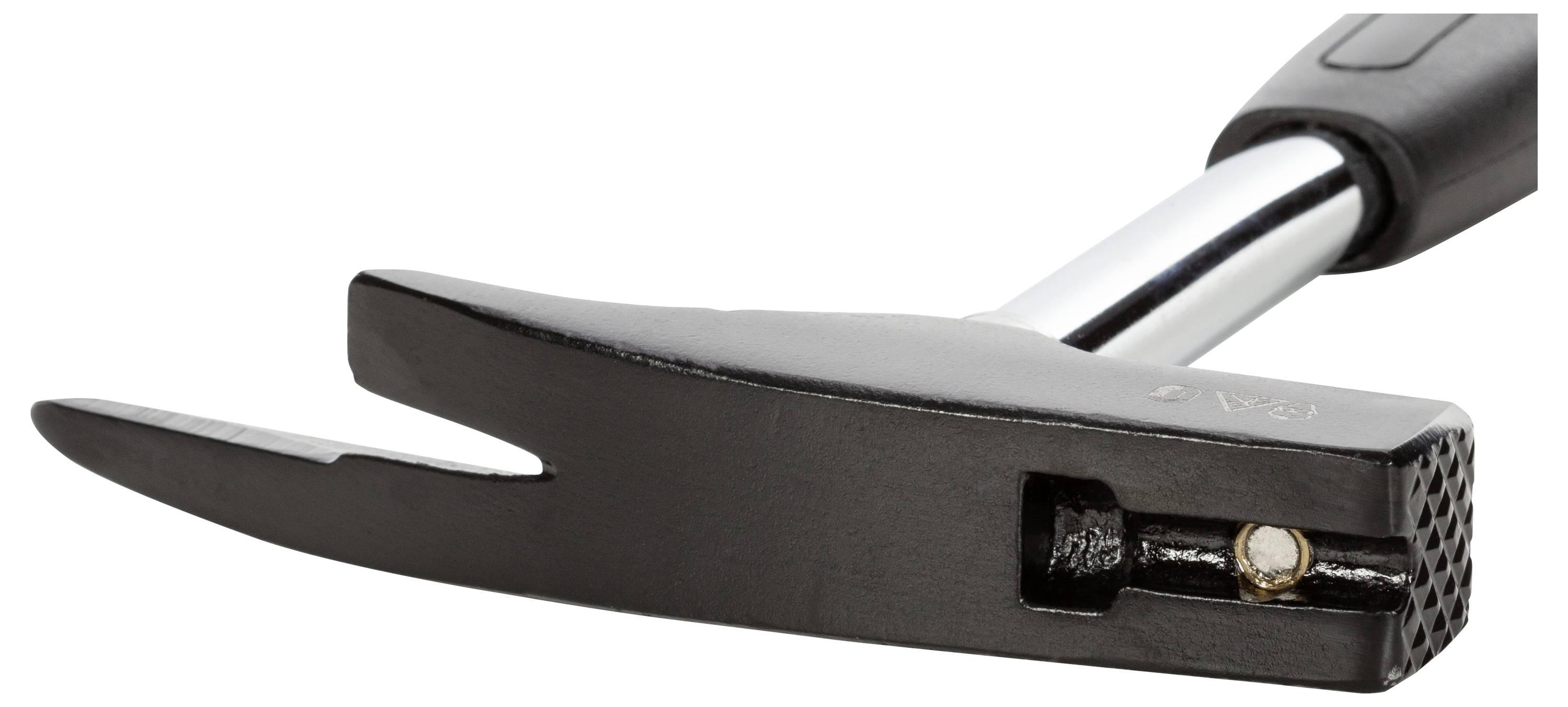 Ein schwarzer Nagelhammer mit silbernem Stiel. Der Hammer hat eine gezahnte Schlagfläche und eine abgerundete Klaue zum Entfernen von Nägeln.