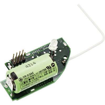 Elektronische Leiterplatte mit einer grünen Lithium-Batterie und einer weißen Antenne. Komponenten und Serienziffern sind sichtbar.
