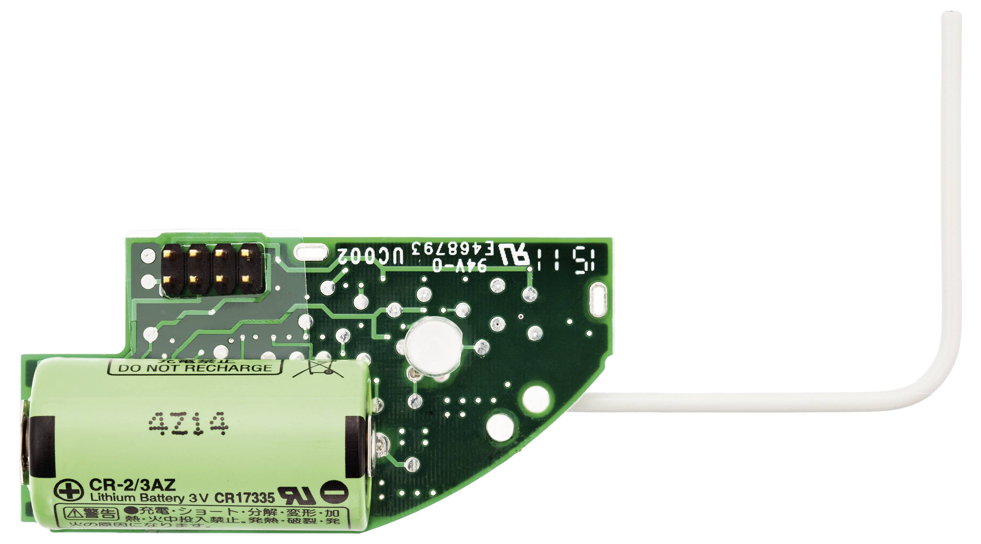 'Kreisrunde grüne elektronische Platine mit aufgelöteten Komponenten und einer angeschlossenen Lithiumbatterie.'