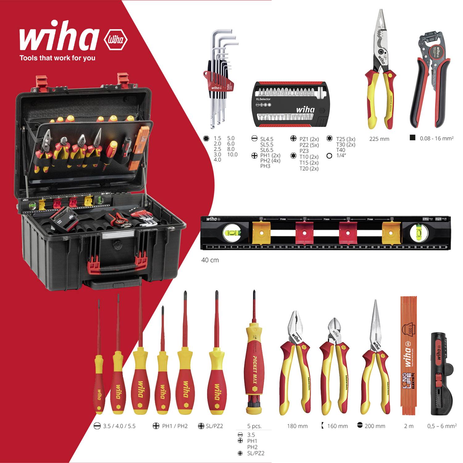 Werkzeugset von Wiha: Inklusive Schraubendreher, Zangen, Bit-Set und Maßband, in schwarzer Kiste. Utensilien in Rot-Gelb gehalten.