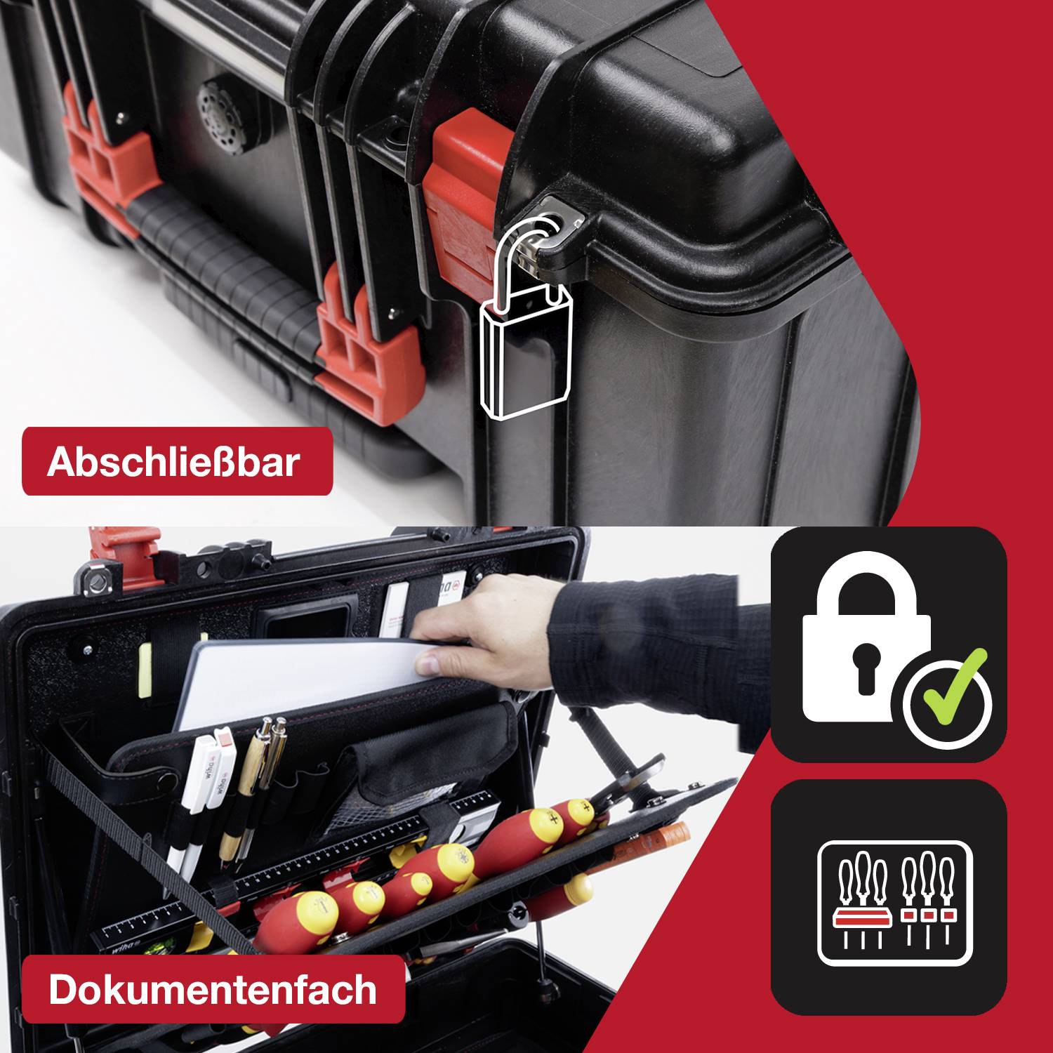 Koffer mit abschließbarem Verschluss und Dokumentenfach. Eine Hand zeigt auf das Fach. Symbole: Vorhängeschloss und Dateien.