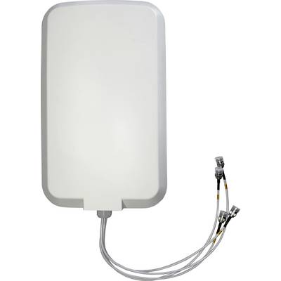Weiße rechteckige Antenne mit abgerundeten Ecken und drei angeschlossenen Kabeln, die für technische oder kommunikative Zwecke genutzt wird.