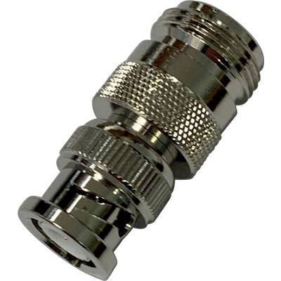 Ein Metalladapter mit einer BNC- und einer F-Stecker-Verbindung, in silberner Farbe. Verbindet Koaxialkabel unterschiedlicher Typen.