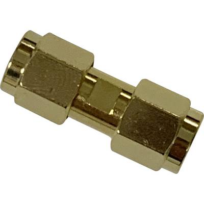 Ein goldener Metallzylinder mit sechseckigen Enden, möglicherweise ein Verbindungsstück oder Adapter, auf weißem Hintergrund.