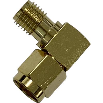 Ein goldener Metalladapter mit zwei unterschiedlich großen Gewindeanschlüssen, im 90-Grad-Winkel gebogen.