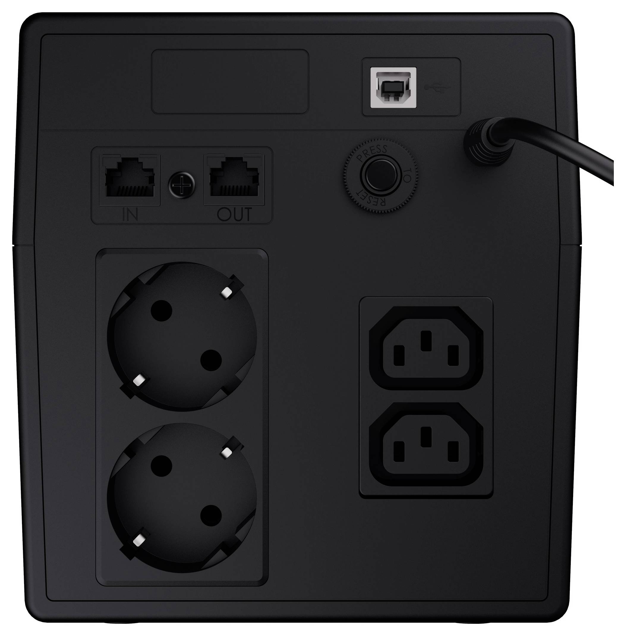 Die Rückseite einer USV-Einheit zeigt zwei Schuko-Steckdosen, zwei C13-Steckdosen, LAN- und USB-Anschlüsse. Links oben: RJ45 in/out.