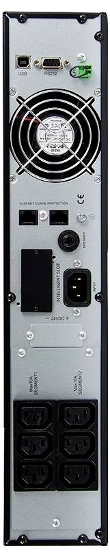 Rückseite einer USV-Einheit mit Lüfter, Stromanschlüssen und Kommunikationsanschlüssen, die eine unterbrechungsfreie Stromversorgung bietet.