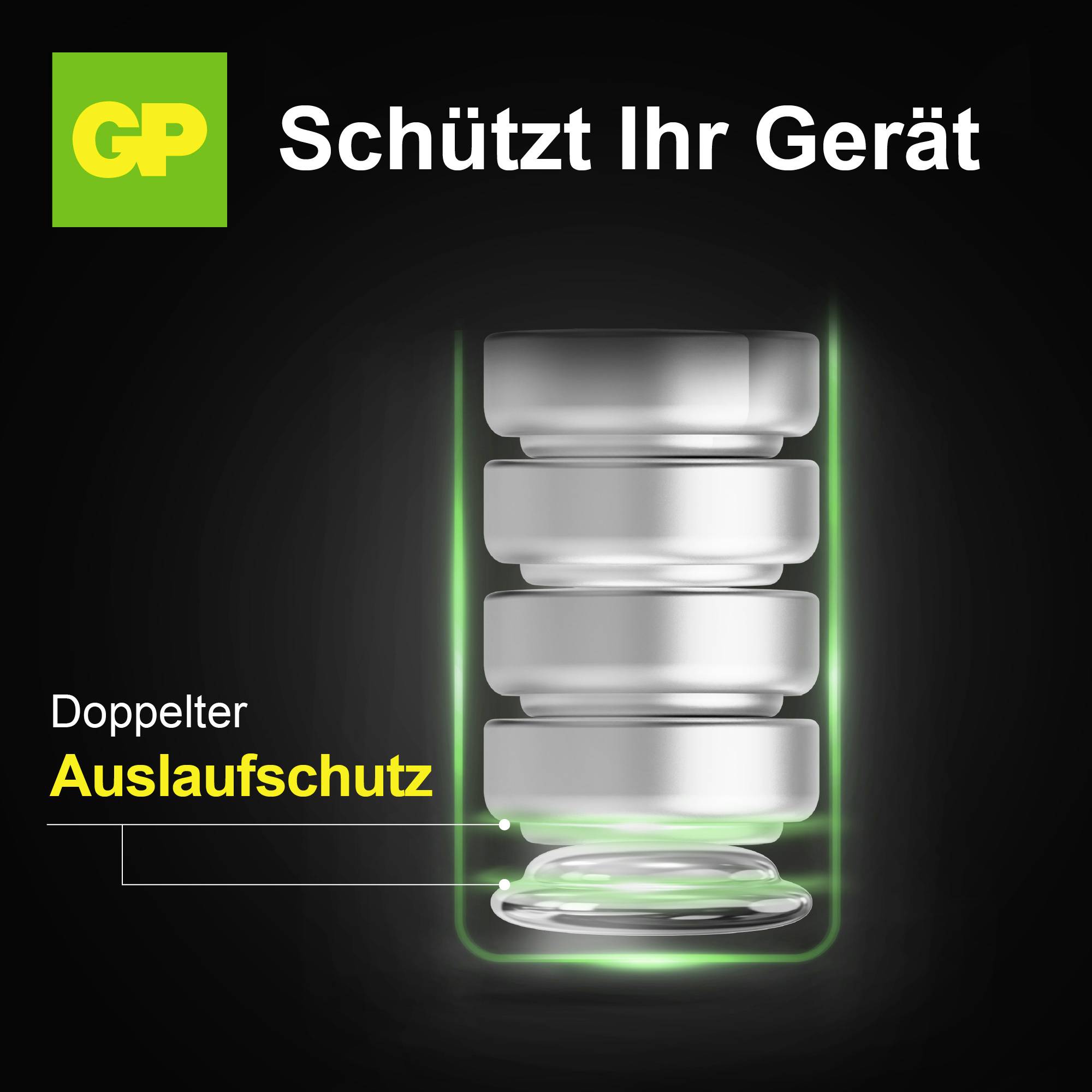 Werbeanzeige für GP-Batterien mit der Aufschrift 'Schützt Ihr Gerät' und 'Doppelter Auslaufschutz', zeigt eine gestapelte Batterie im grünen Schutzrahmen.