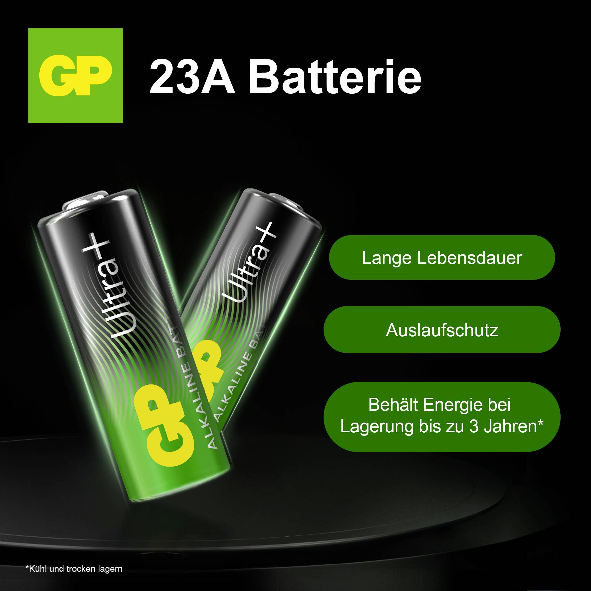 Werbeanzeige für GP 23A Batterie mit zwei Alkaline-Batterien; beworben werden lange Lebensdauer, Auslaufschutz und Energiespeicherung bis zu 3 Jahren.