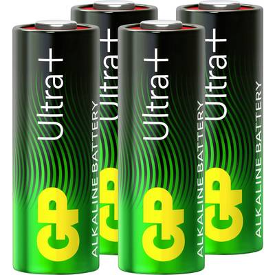 Vier grüne Ultra-Batterien mit gelbem GP-Logo, Produktverpackung für Alkaline-Batterien.