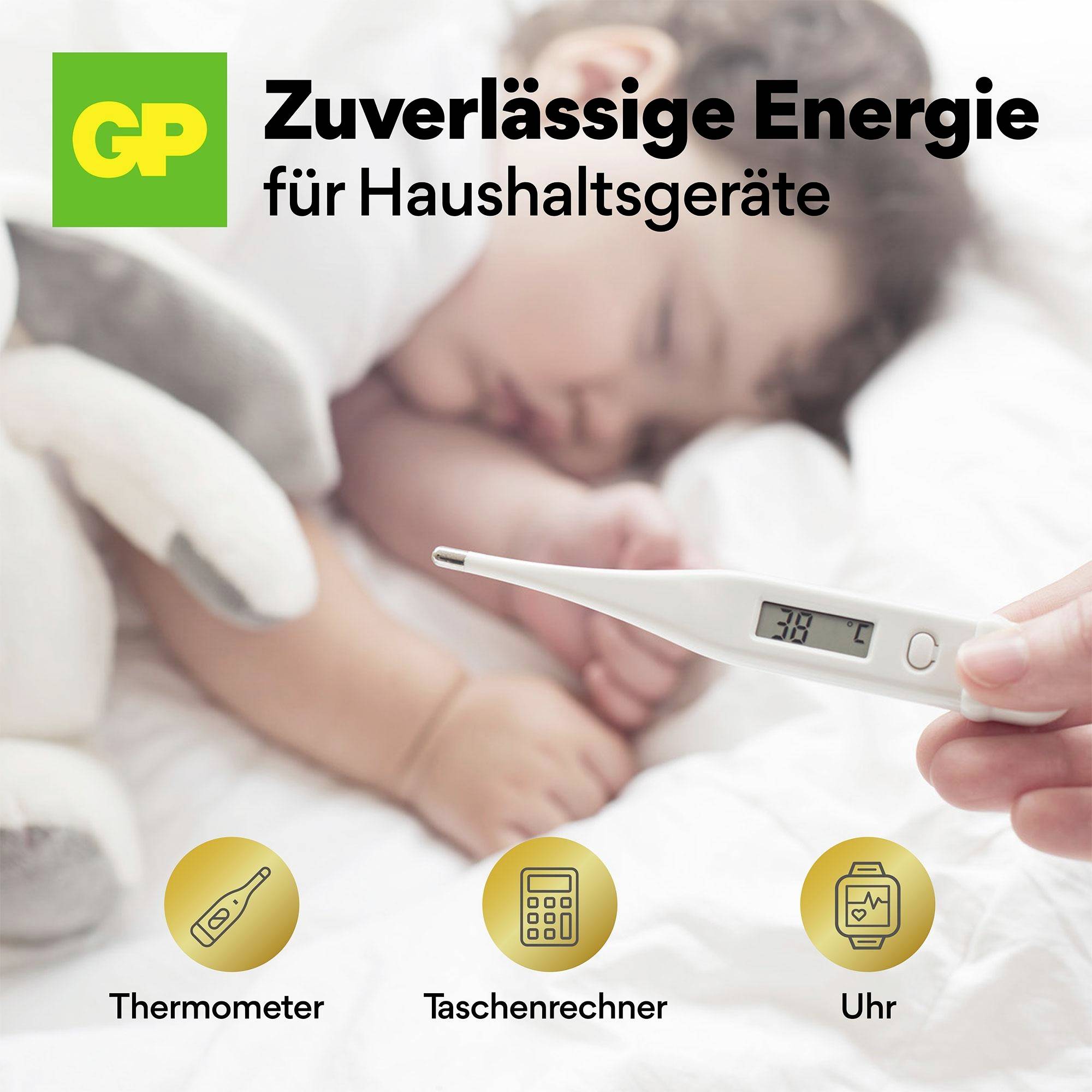 Das Bild zeigt ein schlafendes Baby, ein Thermometer und Symbole für Haushaltsgeräte. Text oben: 'Zuverlässige Energie für Haushaltsgeräte'.