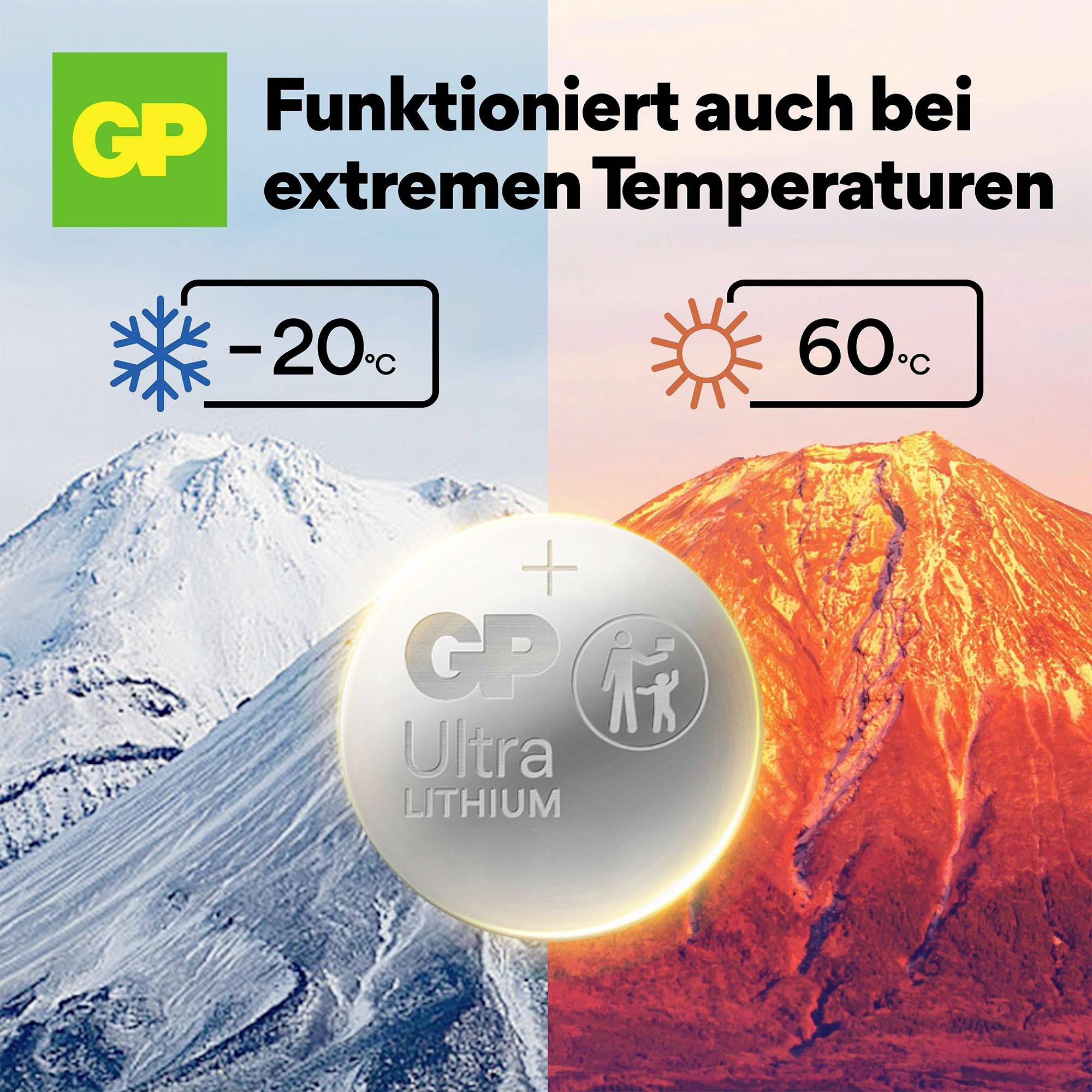 'GP Ultra Lithium Batterie hält Temperaturen von -20°C bis 60°C stand, mit Bild von verschneitem Berg und glühendem Vulkan.'
