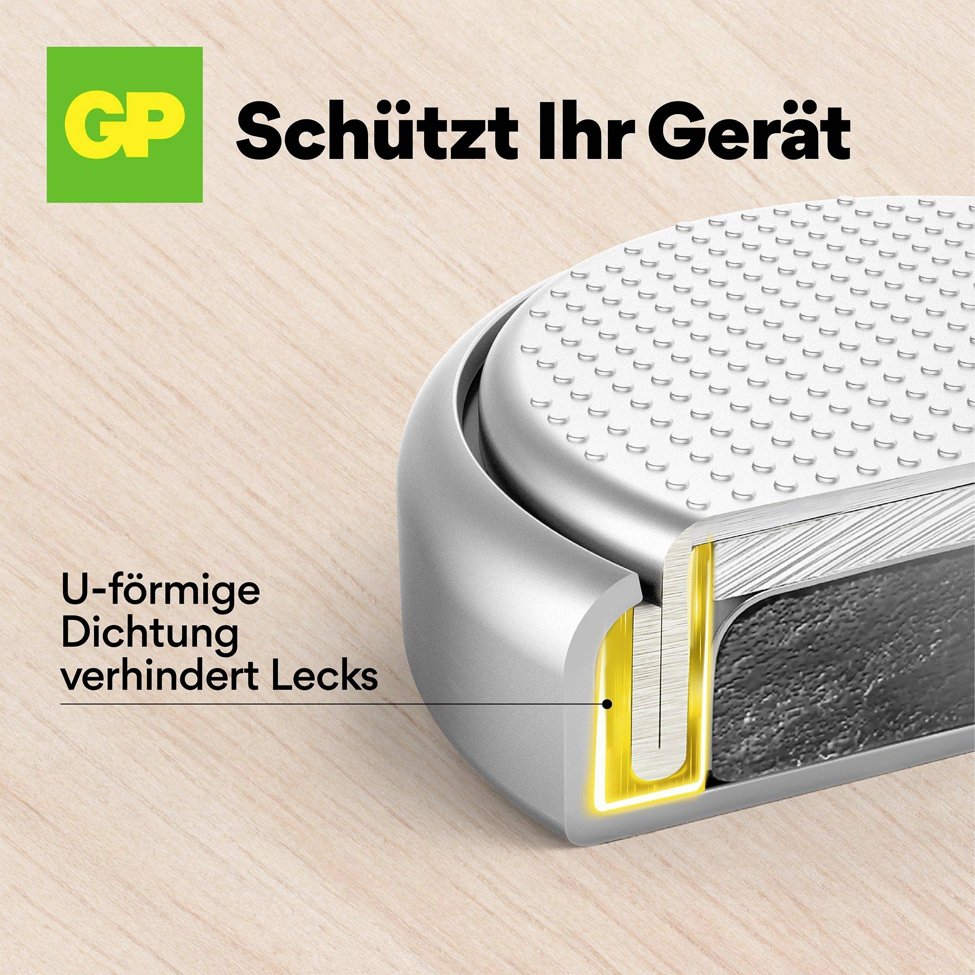 'Grafik zeigt Batterie mit U-förmiger Dichtung, die Lecks verhindert. In der Ecke das GP-Logo. Text: Schützt Ihr Gerät.'