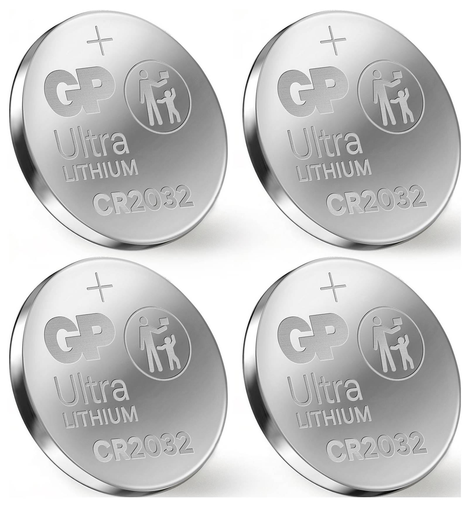 Vier glänzende Knopfzellenbatterien mit der Aufschrift 'GP Ultra Lithium CR2032' sind in zwei Reihen abgebildet.