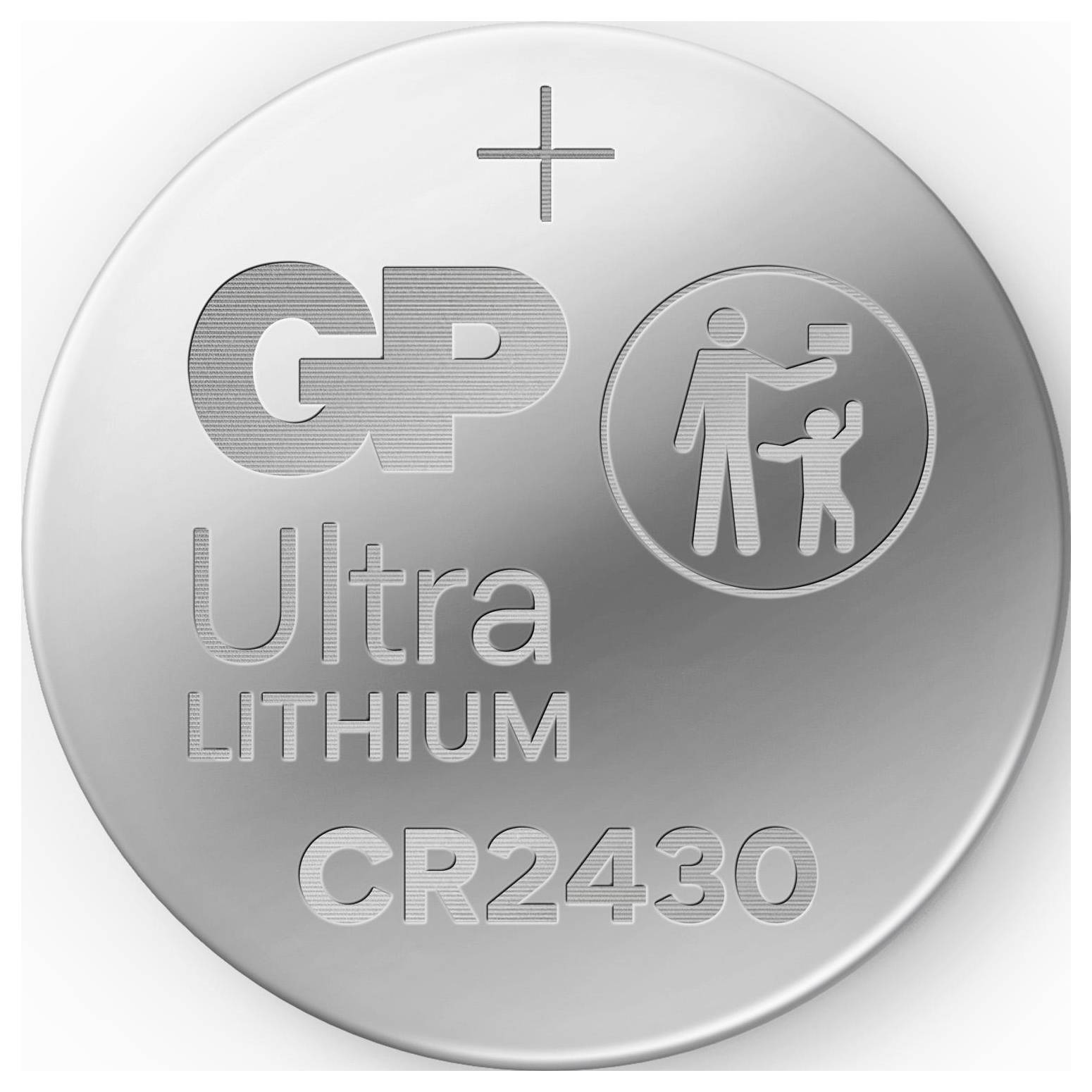 Lithium-Knopfzelle im Großformat mit Prägung 'GP Ultra Lithium CR2430' und Warnsymbol zur Kinder-Sicherheit.