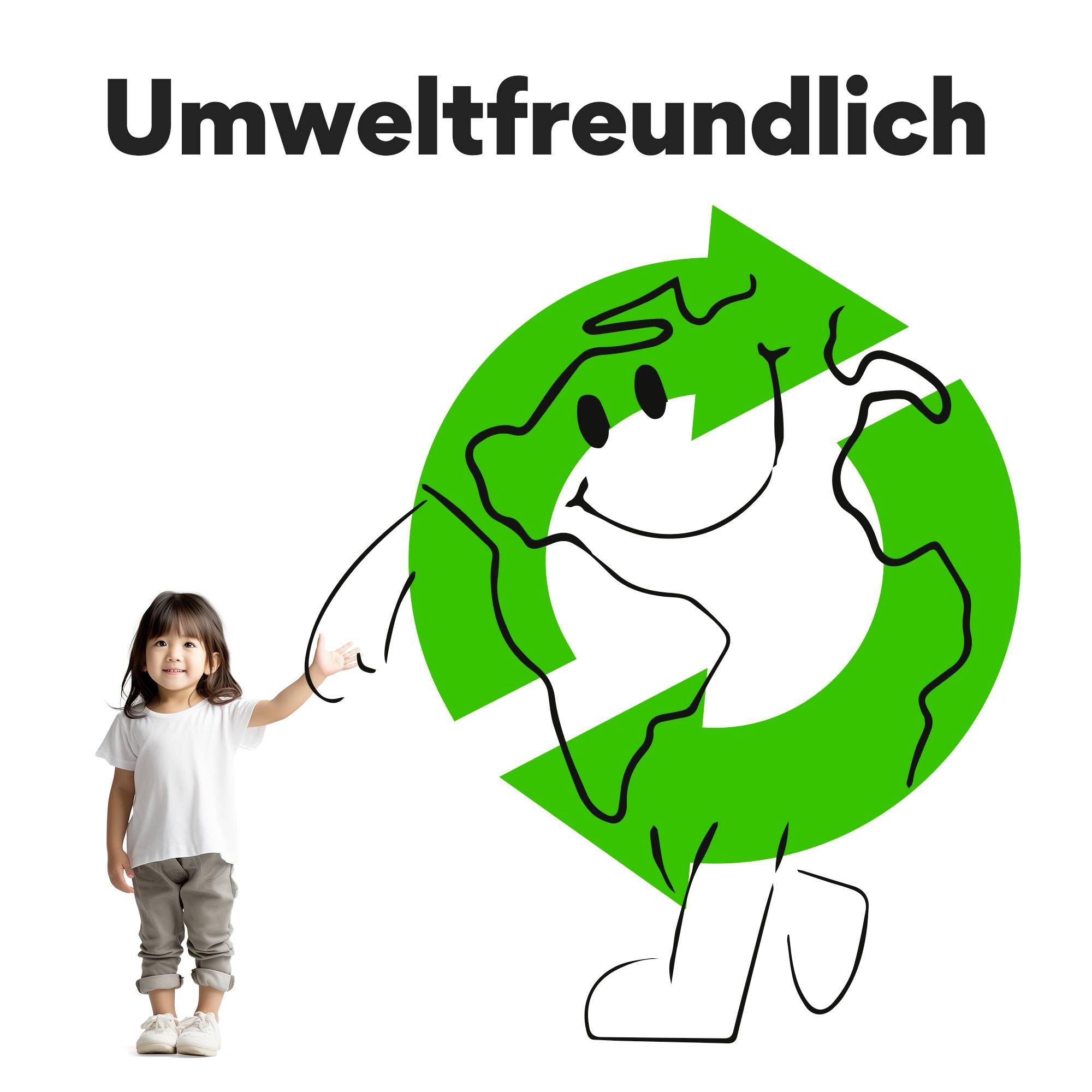 Kleines Mädchen hält eine lachende grüne Zeichnung der Erde an der Hand. Darüber steht der Text 'Umweltfreundlich'.