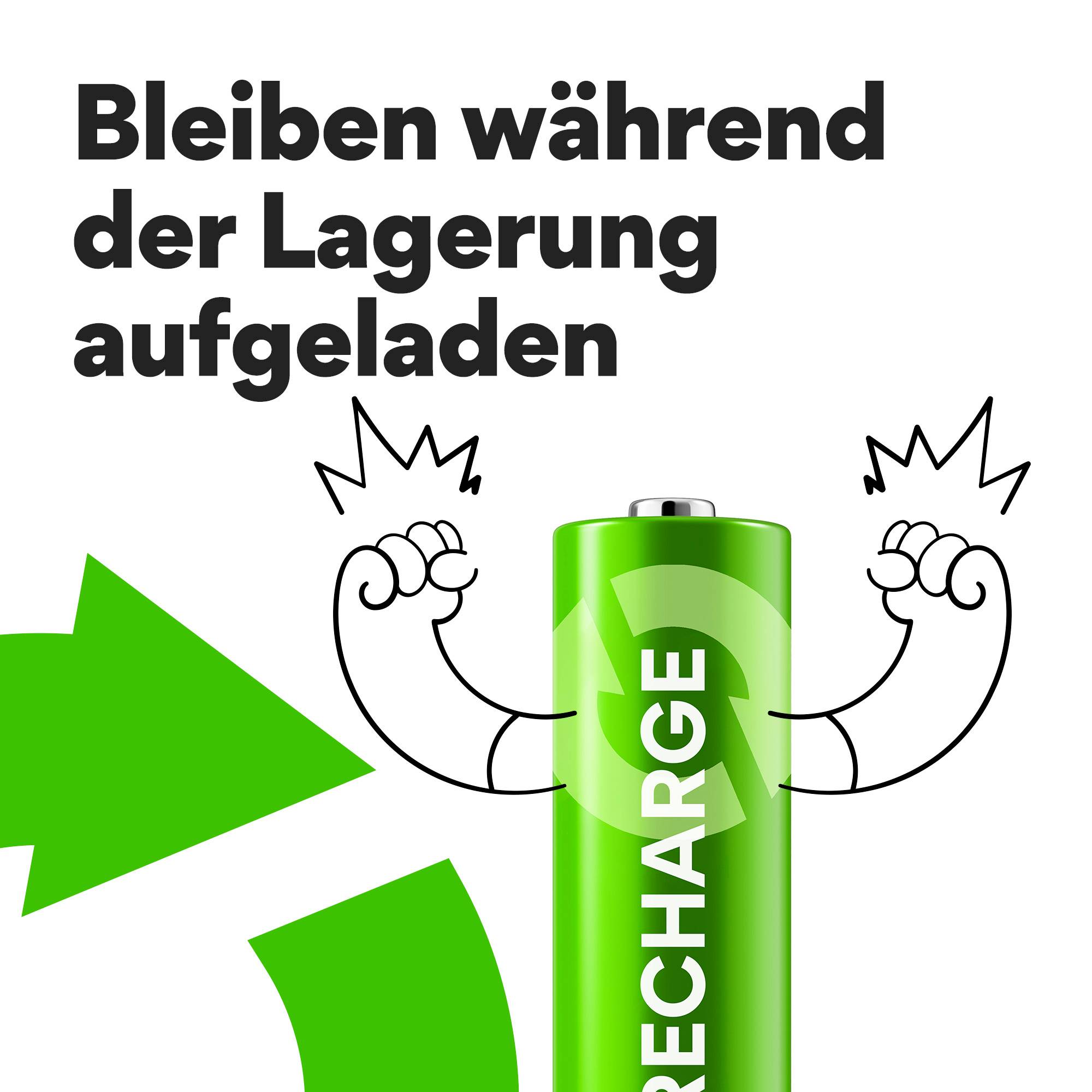 Eine Batterie mit lachenden Armen zeigt Freude. Text: 'Bleiben während der Lagerung aufgeladen'. Ein grüner Recycling-Pfeil.