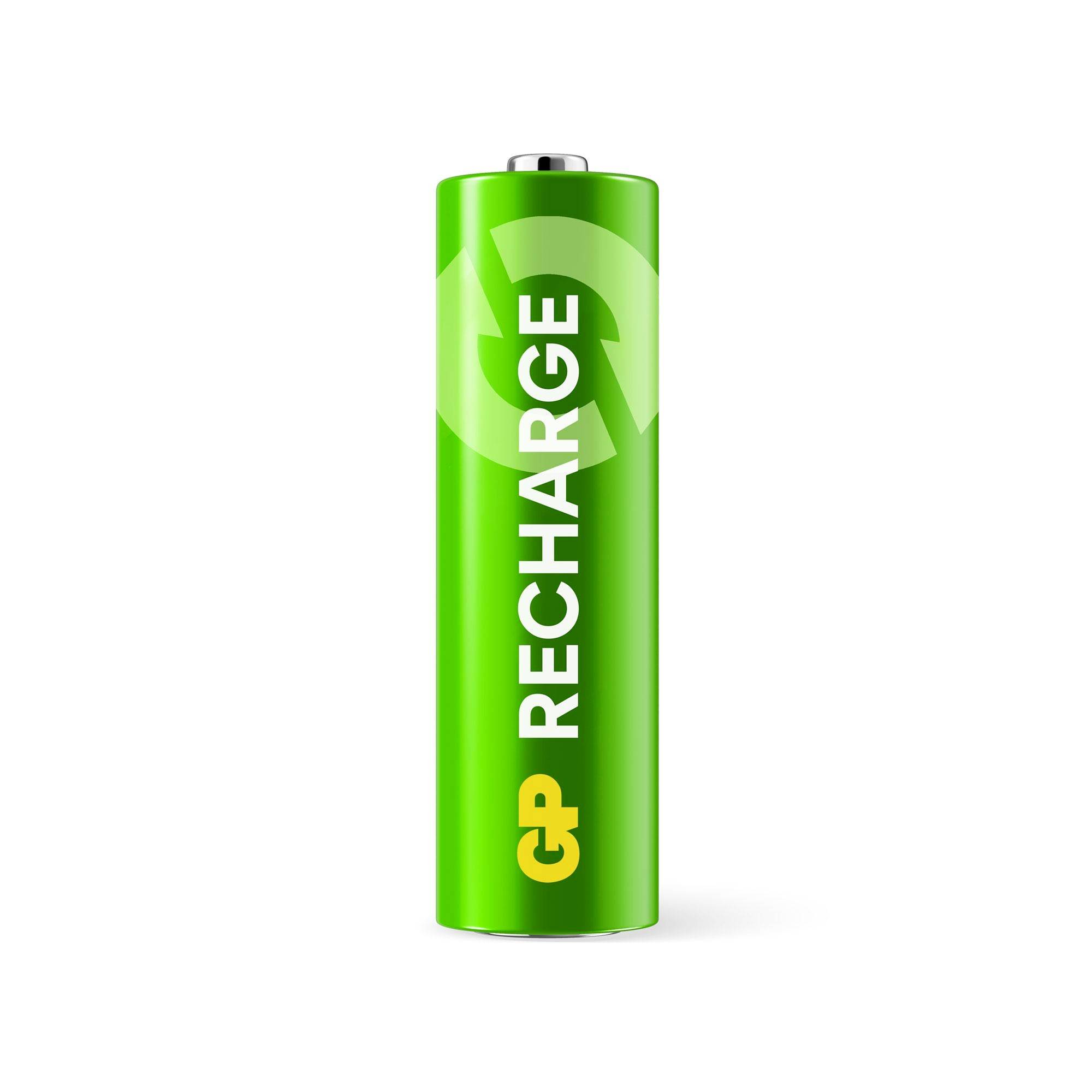 Grüne wiederaufladbare Batterie mit der Aufschrift 'GP RECHARGE'. Steht vertikal, Vorderseite zeigt Aufschrift.