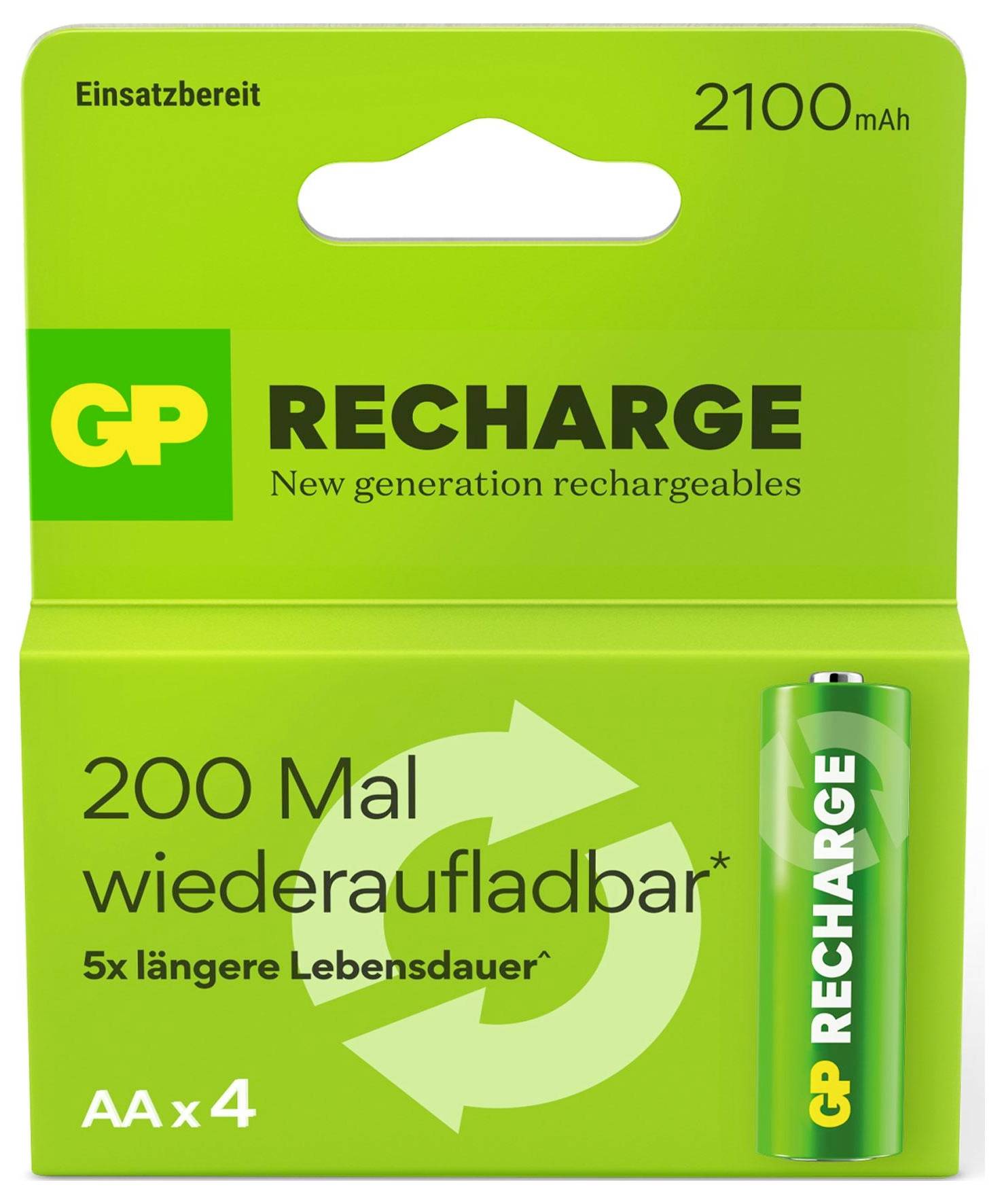 Verpackung mit vier wiederaufladbaren AA-Batterien, "200 Mal wiederaufladbar", "5x längere Lebensdauer", Kapazität 2100 mAh.
