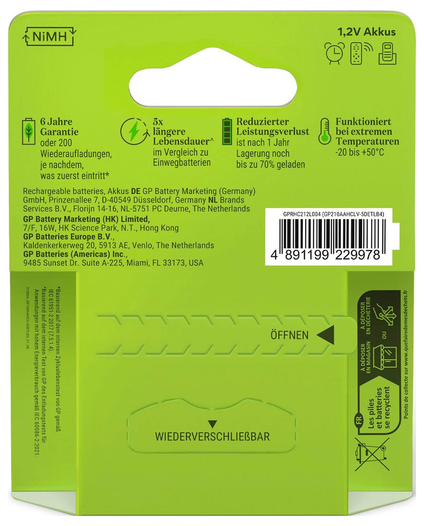 'NiMH Akku, 1,2V. 6 Jahre Garantie oder 200 Wiederaufladungen. 5x längere Lebensdauer. Temperaturbereich: -20 bis +50°C. GP Batteries International Limited.'