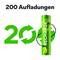 '200 Aufladungen' zeigt eine grüne Batterie mit Pfeilsymbolen, die Wiederaufladbarkeit symbolisieren.
