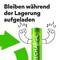 Eine Batterie mit Comic-Armen hebt die Fäuste, daneben ein Recycling-Symbol. Text: 'Bleiben während der Lagerung aufgeladen'.