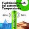 'Funktioniert auch bei extremen Temperaturen' steht über einem Bild einer Batterie, flankiert von Symbolen für -20°C und 50°C.