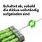 'Schaltet ab, sobald die Akkus vollständig aufgeladen sind.' zeigt einen grünen Kreis mit einem Symbol, das das Aufladen und automatische Abschalten darstellt.