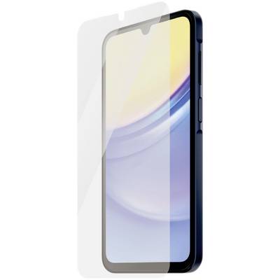 Smartphone mit blauem Rand und Display-Schutzfolie. Bildschirm zeigt abstrakte, farbige Muster in Gelb und Blau.