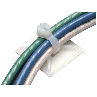 Ein Kabelbinder hält drei Kabel, eines grün, eines blau und eines weiß, zusammen. Sie sind auf einer weißen Halterung befestigt.