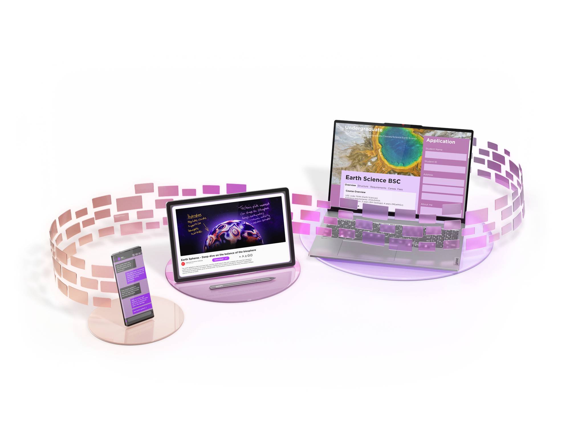 Ein Laptop, Tablet und Smartphone zeigen wissenschaftliche Inhalte. Jedes Gerät ist umgeben von violetten digitalen Wellenstreifen, die Vernetzung symbolisieren.