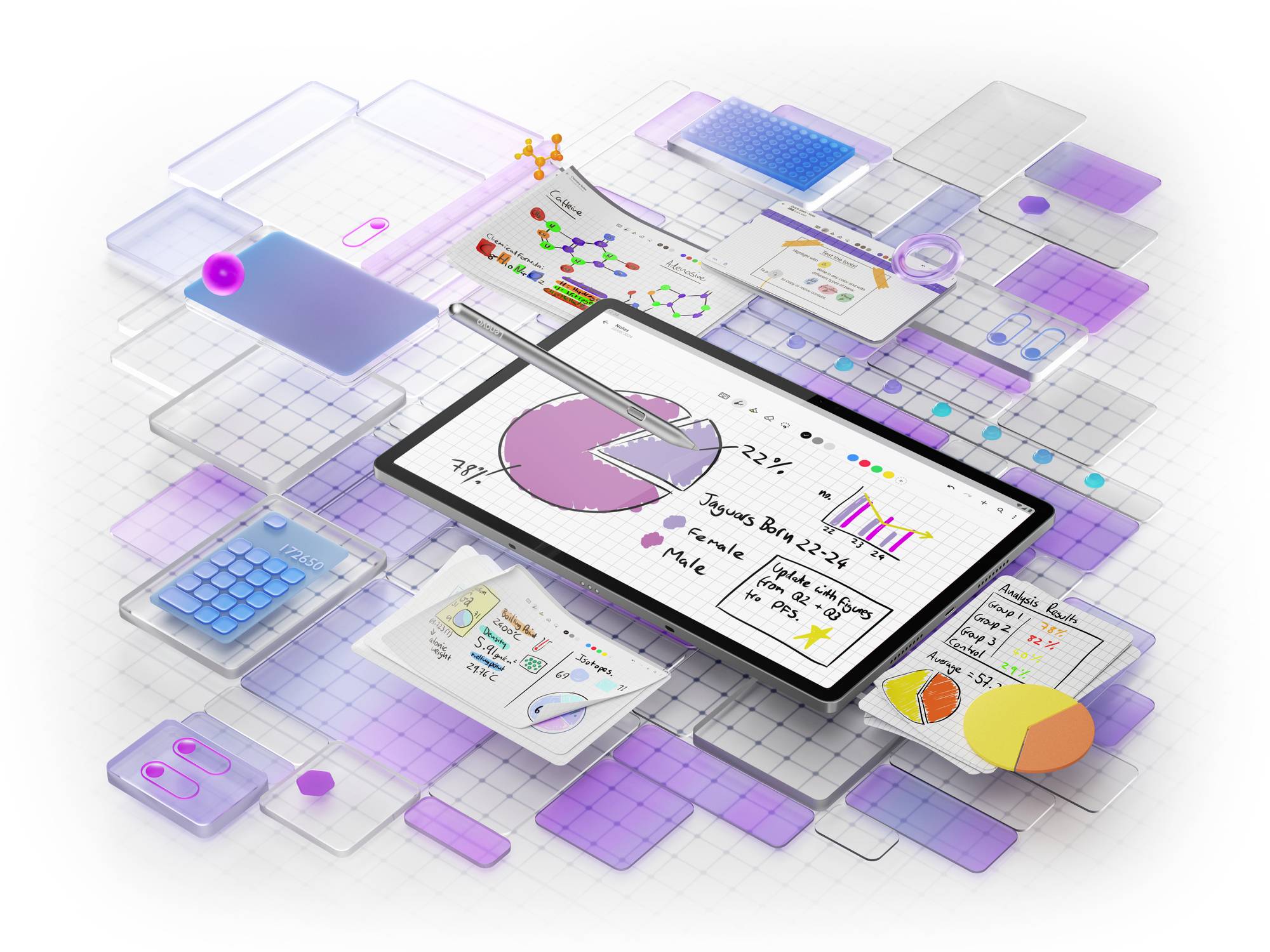 Digitales Lernkonzept mit Tablet, das Diagramme und Grafiken anzeigt, umgeben von holografischen Elementen und Formeln.