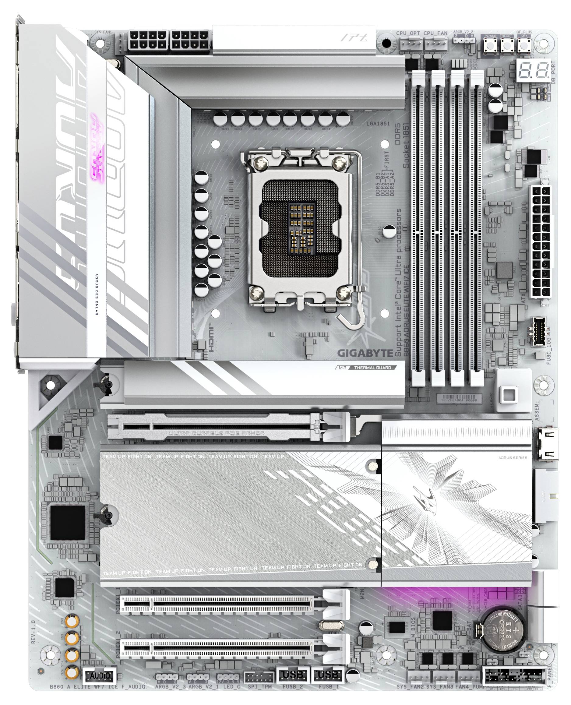 Eine silberne Mainboard mit mehreren Steckplätzen und Anschlüssen für CPU, RAM und GPU, in der Mitte mit der Markenbezeichnung 'GIGABYTE' und dekorativen Akzenten versehen.