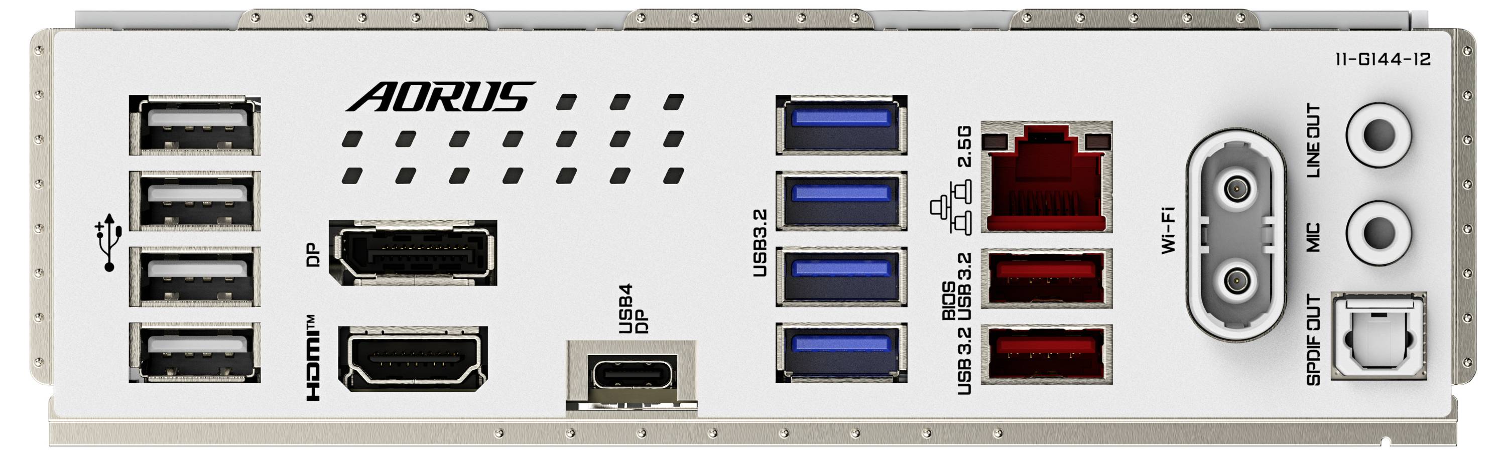 Rückseite eines Computermotherboards mit mehreren USB-Anschlüssen, HDMI, DisplayPort, Audioports, WLAN-Antennen und Ethernet-Anschluss.