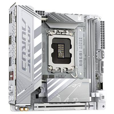 Eine kompakte, silberne Computer-Hauptplatine mit markierten Steckplätzen, Anschlüssen und Steckern, auf der in der Mitte die Bezeichnung 'B550I AORUS' zu sehen ist.
