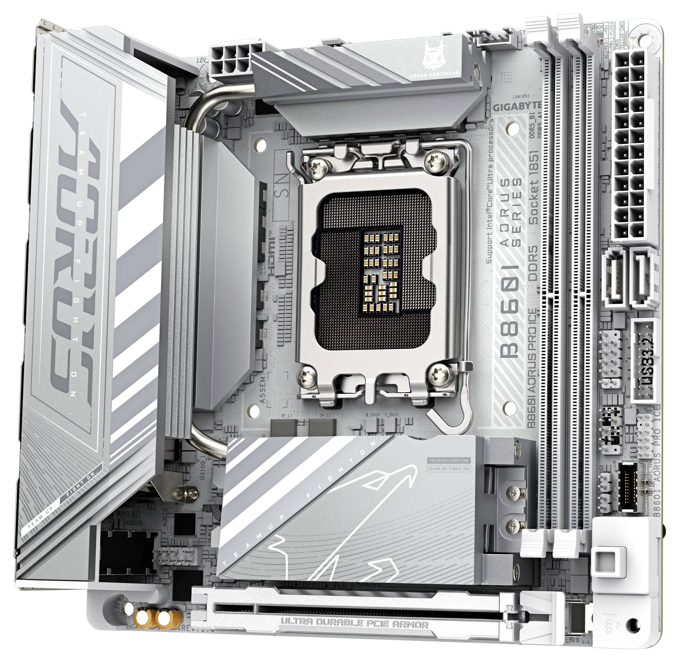 Eine silberne Gigabyte Aorus B650I Mainboard mit AM5-Sockel, PCIe-Steckplätzen, RAM-Steckplätzen und einem Kühlkörper mit 'AORUS' Branding.