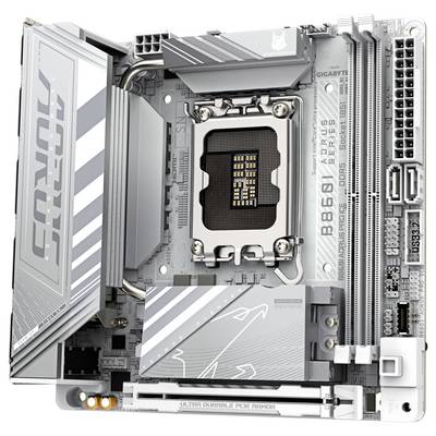 Eine silberne Gigabyte Aorus B650I Mainboard mit AM5-Sockel, PCIe-Steckplätzen, RAM-Steckplätzen und einem Kühlkörper mit 'AORUS' Branding.