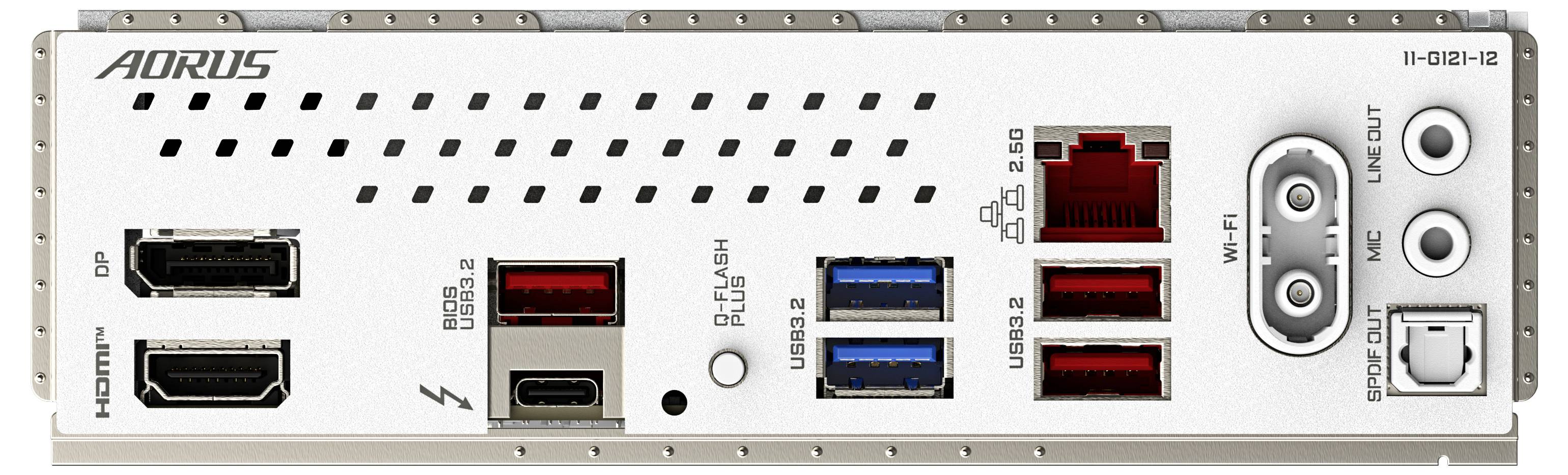 Ein Rückpanel eines Computermotherboards mit mehreren Anschlüssen, darunter HDMI, DisplayPort, USB-C, USB 3.0, Audio- und Ethernet-Verbindungen.
