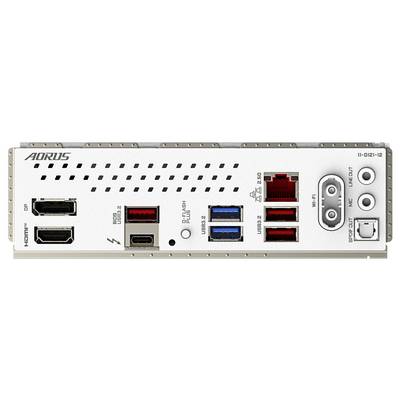 Ein Rückpanel eines Computermotherboards mit mehreren Anschlüssen, darunter HDMI, DisplayPort, USB-C, USB 3.0, Audio- und Ethernet-Verbindungen.
