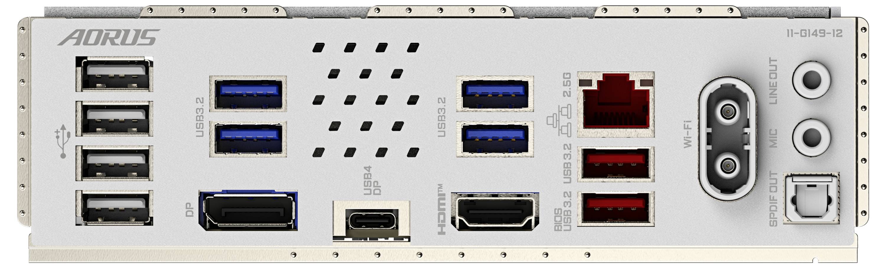Rückseite einer Computermotherboard mit verschiedenen Anschlüssen, darunter USB, HDMI, Ethernet, Audio und SPDIF-Verbindungen.