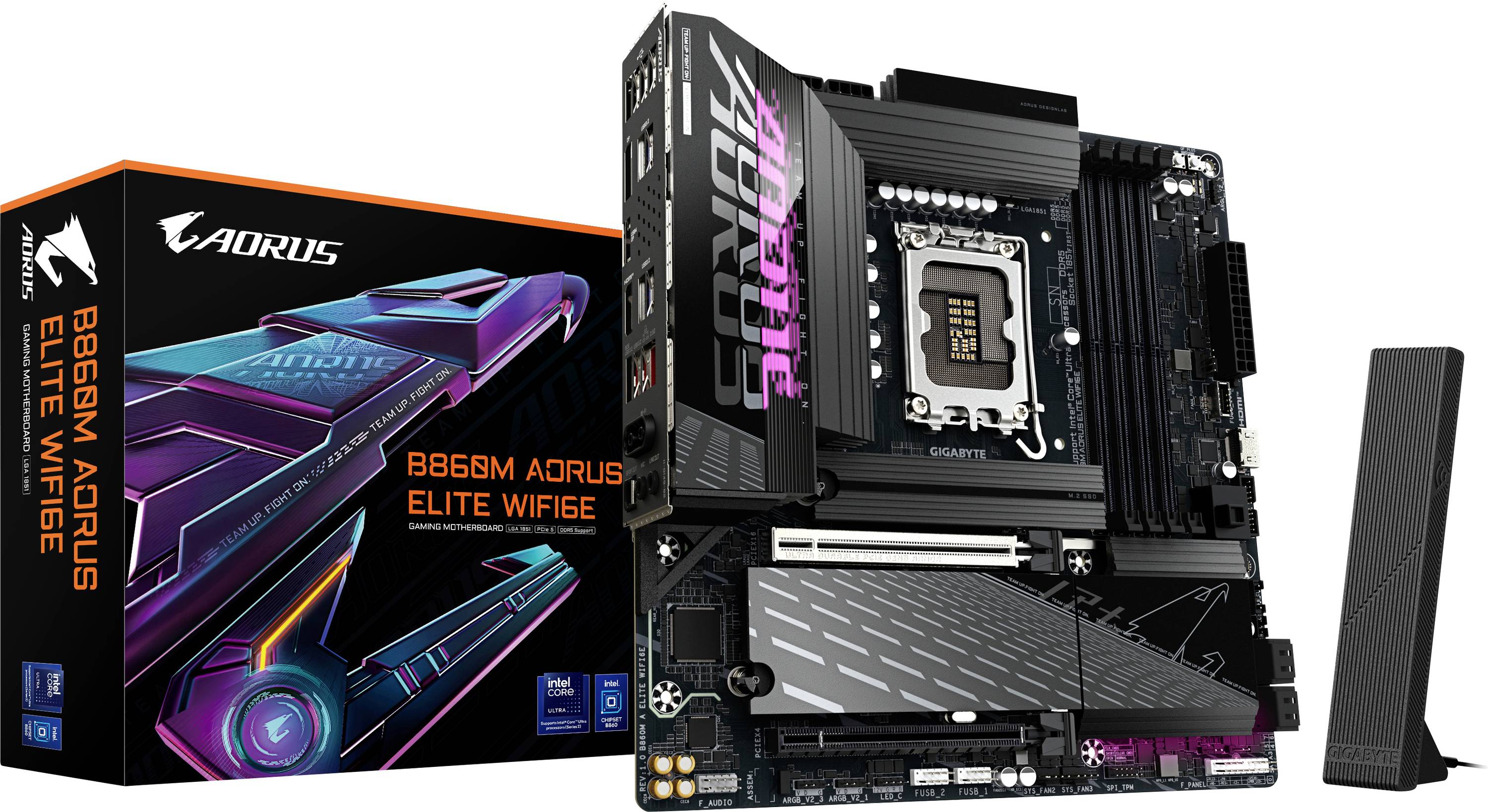 'AORUS B660M AORUS ELITE AX' Mainboard mit WiFi 6E-Unterstützung, präsentiert mit Verpackung und Funktionen, die seine Konnektivität und Gaming-Fähigkeiten betonen.