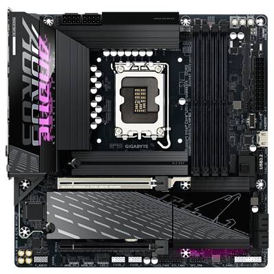 AORUS-Mainboard mit mehreren RAM-Steckplätzen, CPU-Sockel und PCIe-Steckplätzen; geeignet für Hochleistungs-Computerkonfigurationen.